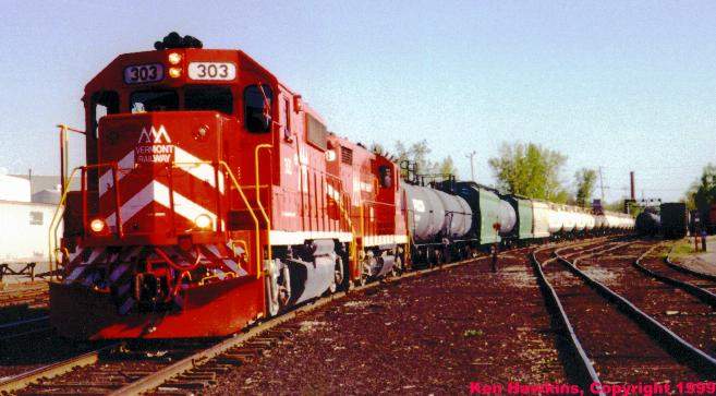 Photo of VTR 301 leads an RB-1 freight into the Burlington yard.