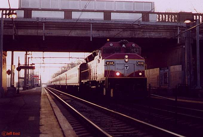 Photo of MBTA train under wires