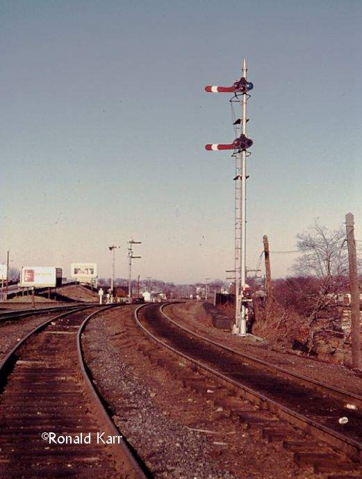 Photo of PC main line tracks with semaphore signals, Readville, MA, 1971