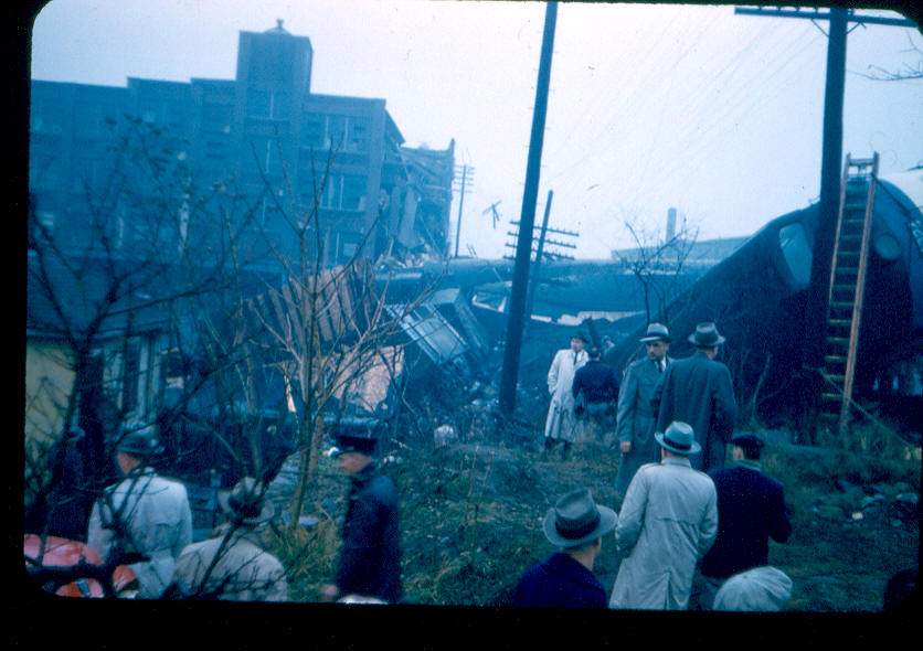 Photo of B&M Passenger train derailement in Medford, MA 1957