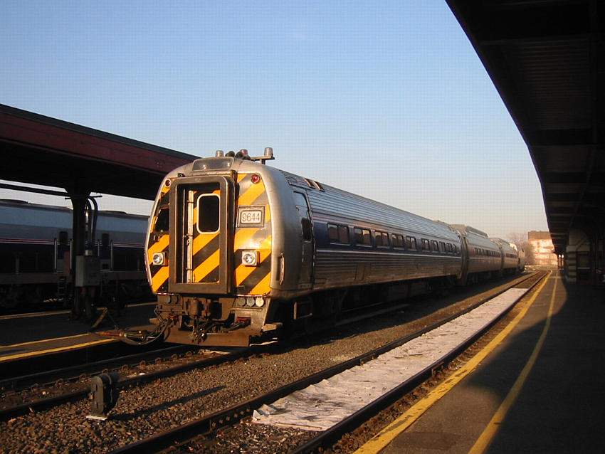 Photo of Amtrak cab car 9644 with 2 ConnDOT commuter cars at Springfield Mass