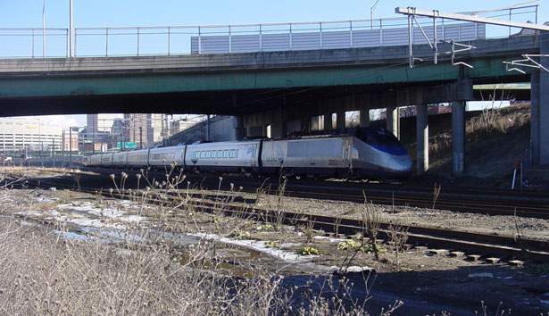 Photo of North bound Amtrak ducking under Dean St. in Providence