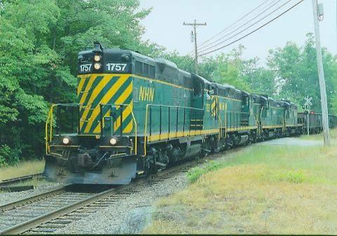 Photo of GP9's #1757,1755,1756 & 1759; northbound at Wakefield, NH.