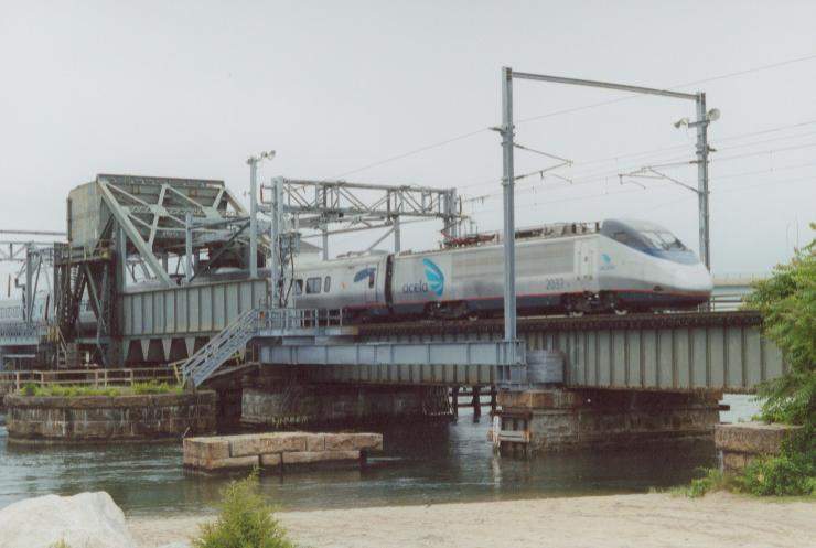 Photo of Acela HST #2037 on train #2167; Niantic CT drawbridge.