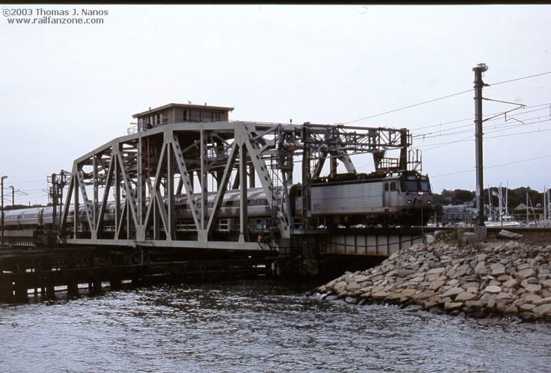 Photo of Amtrak Regional crossing Shaw's Cove bridge in New London