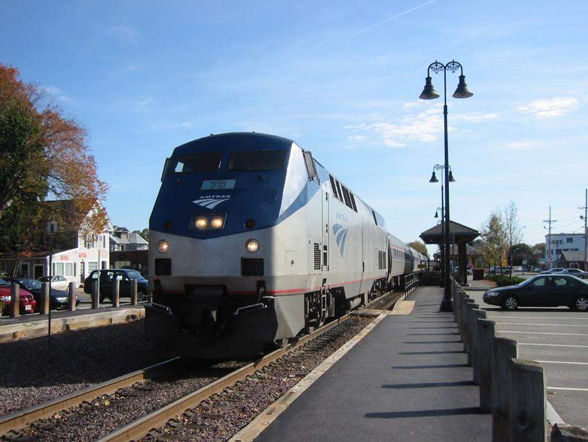 Photo of Amtrak #73 leads Downeaster train #683 at Reading