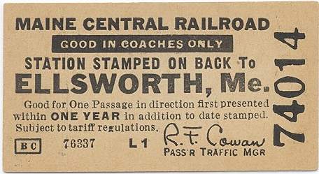 Photo of Maine Central RR Ticket for Ellsworth, Maine