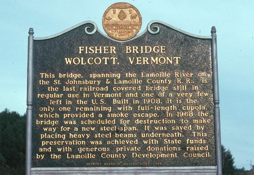 Photo of St J & LC Fisher Bridge sign at Wolcott Vt.