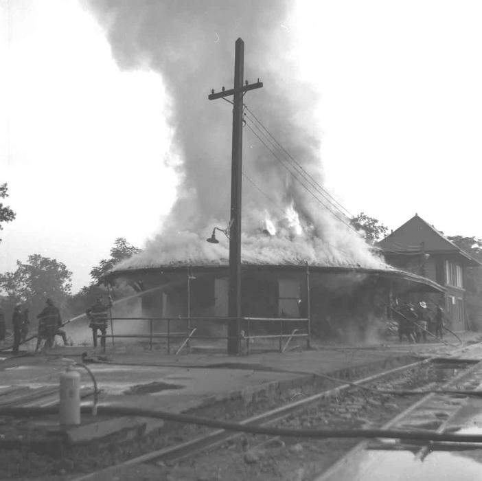 Photo of Old Riverside Station on the B & A mainline on fire