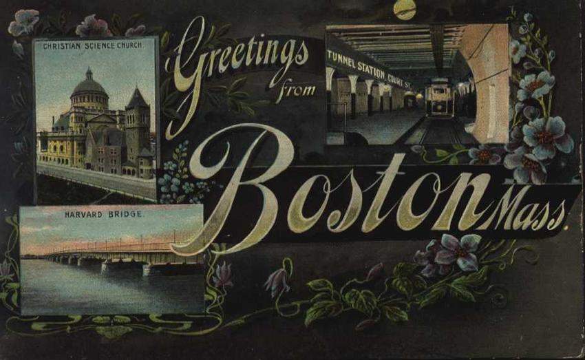 Photo of Boston postcard c. 1906 showing a small 40 foot or so streetcar