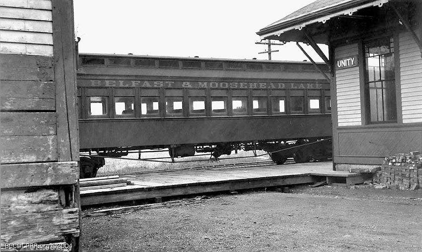 Photo of BML#12, a 1907 chair car, at Unity, ME.  1947