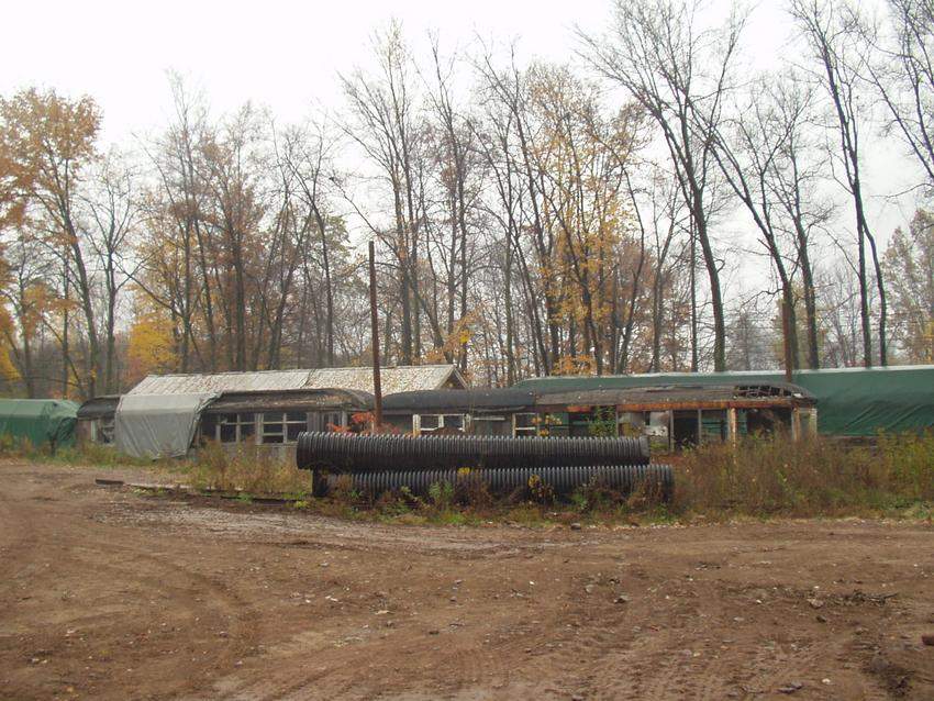 Photo of unrestored train cars in the woods next to the main line