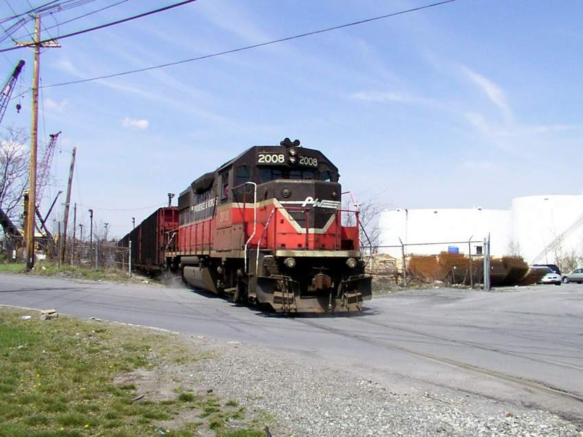 Photo of GP38-2 # 2008 working the docks at Providence Harbor crossing Ernest Street
