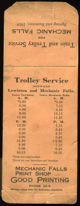 Photo of Mechanic Falls Time Table June 30th 1919