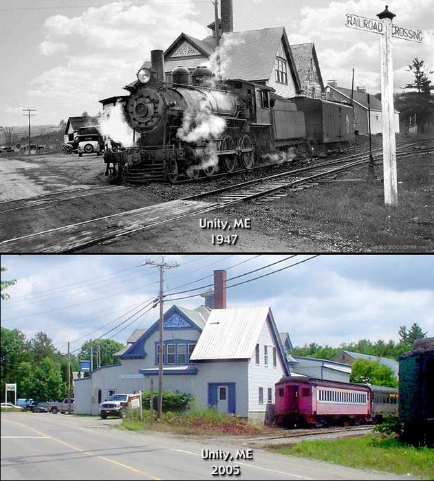 Photo of Two views of the Turner Center Creamery on the B&ML at Unity, ME -- 1947 & 2005