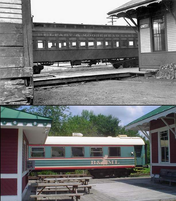 Photo of Two views of the B&MLRR station at Unity, ME -- 1947 & 2005