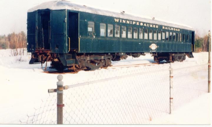 Photo of Winnipesakee Coach on Northfield siding winter 1993