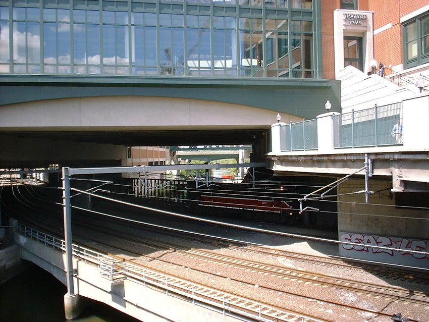 Photo of Amtrak and P&W under the Providence Place Mall