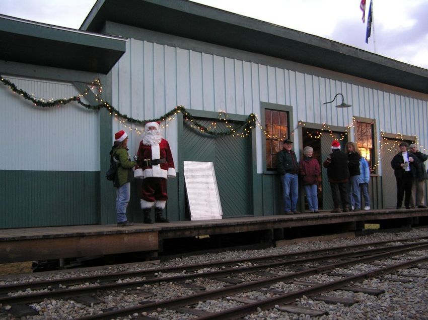 Photo of Santa Stands in Front of the Freight Shed at Sheepscot Station