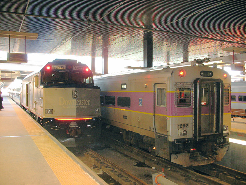Photo of Amtrak Downeaster & MBTA Commuter Side by Side at North Station, Boston, MA