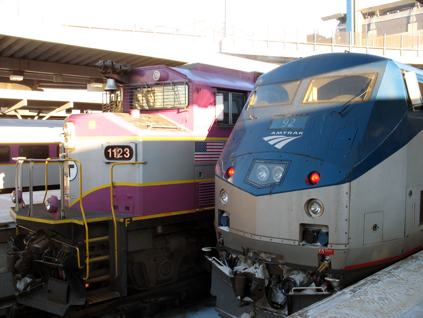 Photo of MBTA Engine #1123 & Amtrak Engine #92 Side by Side at North Station, Boston, MA
