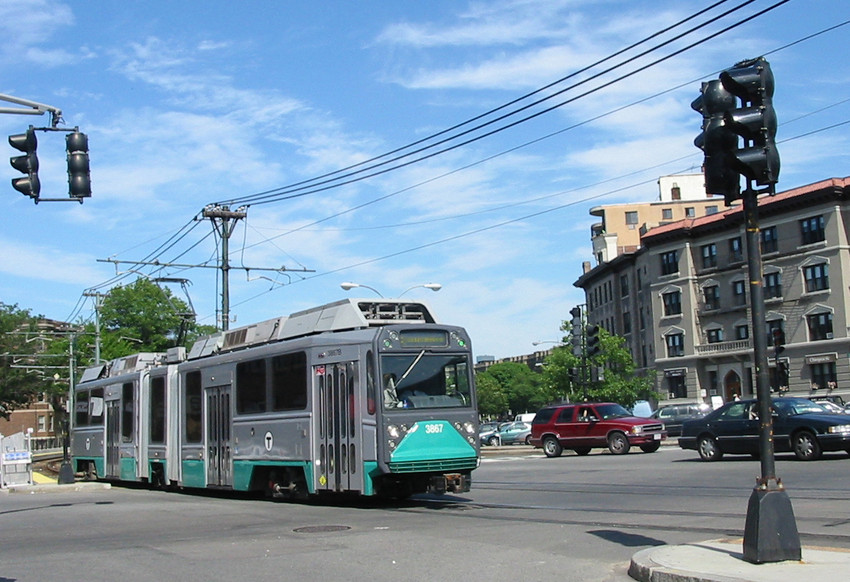 Photo of MBTA LRVs at Harvard & Commonwealth Aves in Allston, MA
