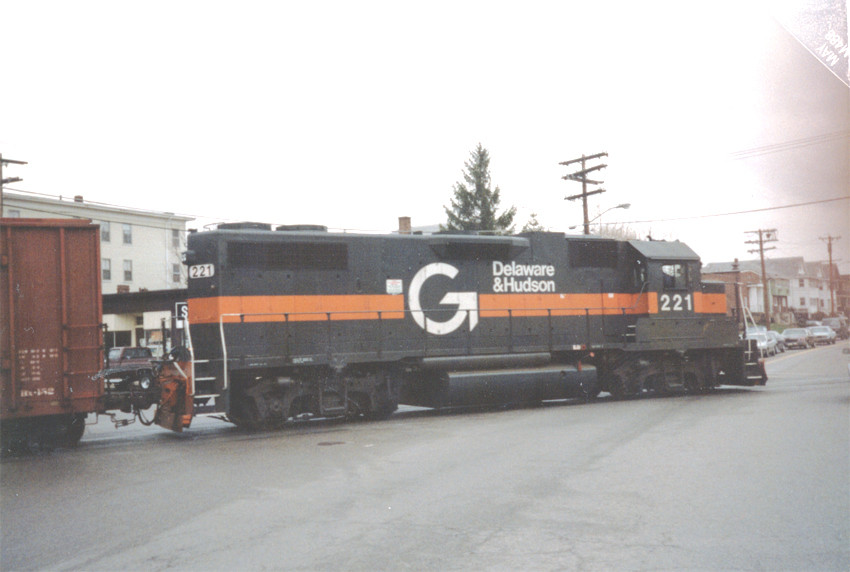 Photo of Guilford Engine #221 and Train Crossing Arlington Street on the Watertown Branch
