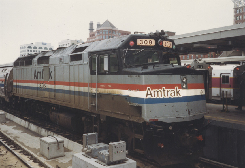 Photo of Amtrak EMD F40PH Engine #309 at South Station, Boston, MA in 1991