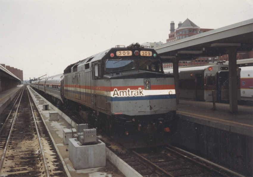 Photo of Amtrak EMD F40PH Engine #309 at South Station, Boston, MA in 1991