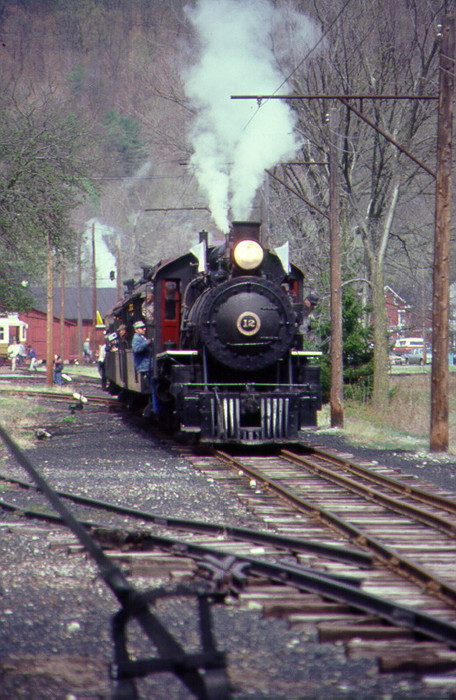Photo of EBT # 12 [Millie] on 3 rail wye track Feb 1975