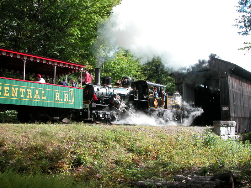 Photo of WMCRR Climax #6 emerges from the covered bridge