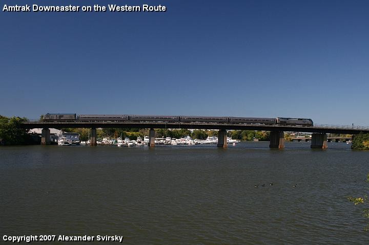 Photo of Amtrak Downeaster #693 on Dana Bridge over Mystic River