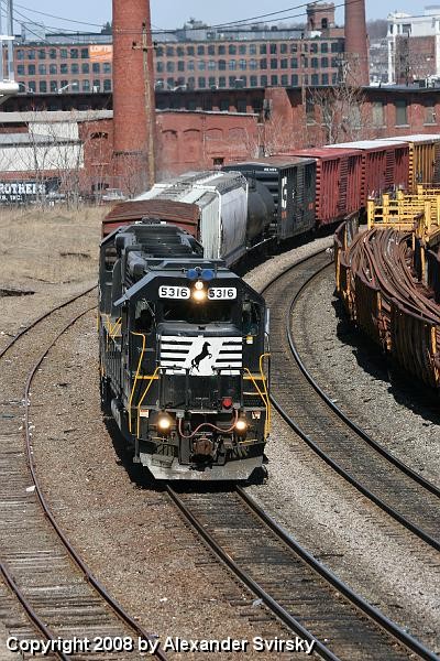 Photo of WASE led by GP38-2s NS5316 and NS5357 at Lawrence