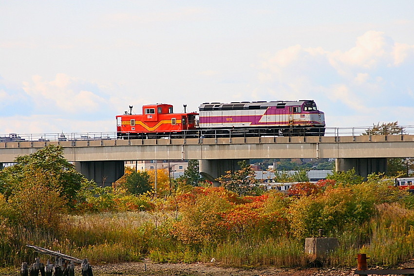 Photo of MBTA F40PH-2C Pushing the work train caboose on the Newburyport line