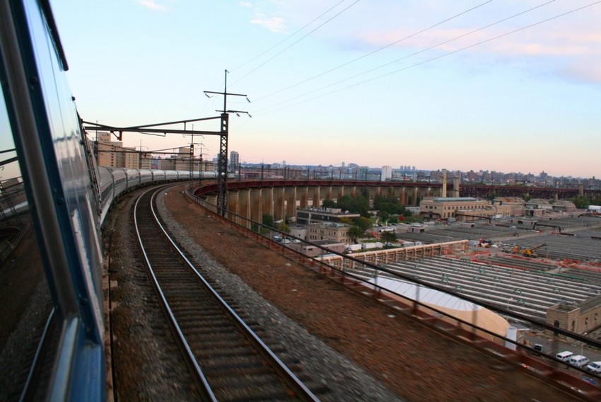 Photo of Amtrak detour being towed east at Hell Gate