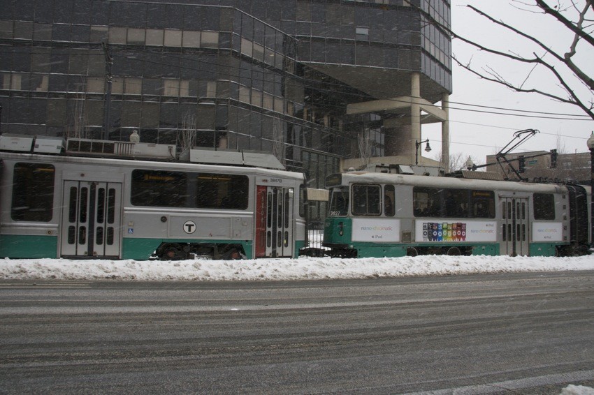 Photo of MBTA E train on the Green Line outside Mass College of Art