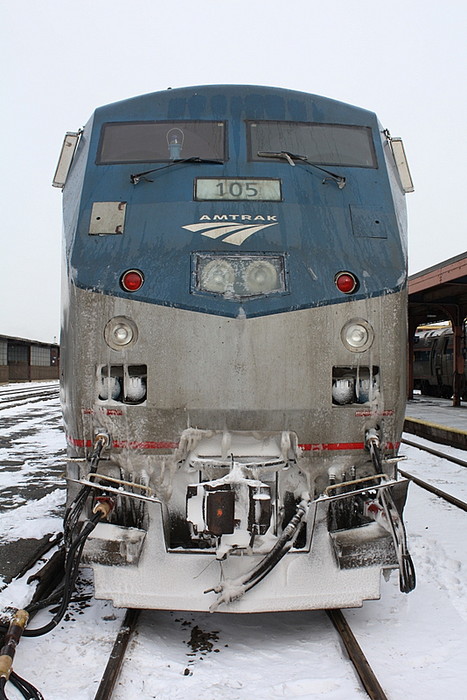 Photo of Amtrak shuttle showing the affects of winter