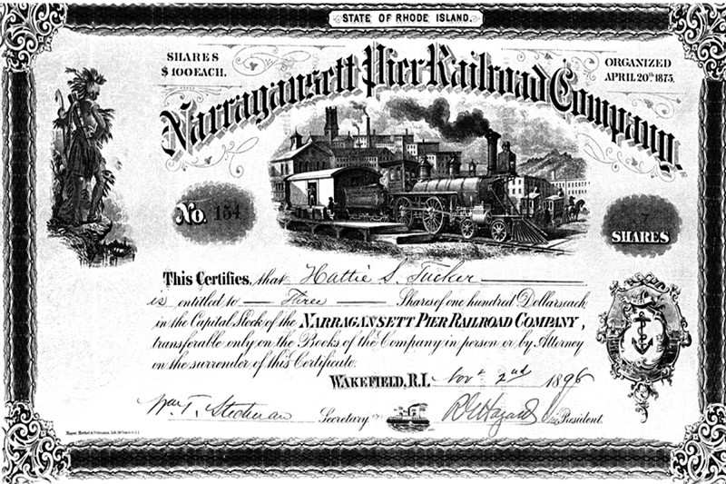 Photo of Narragansett Pier RR stock certificate, 1896