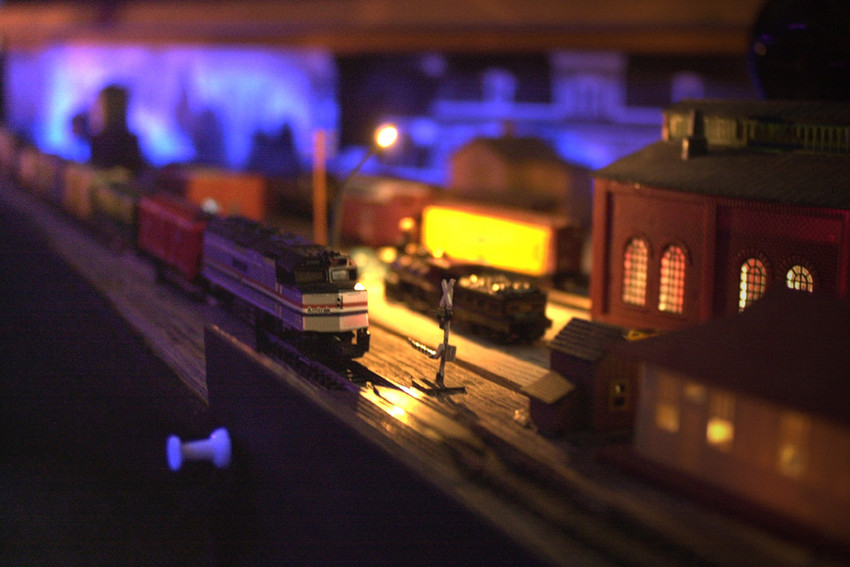 Photo of Amtrak about to pass push pin on my Nscale...