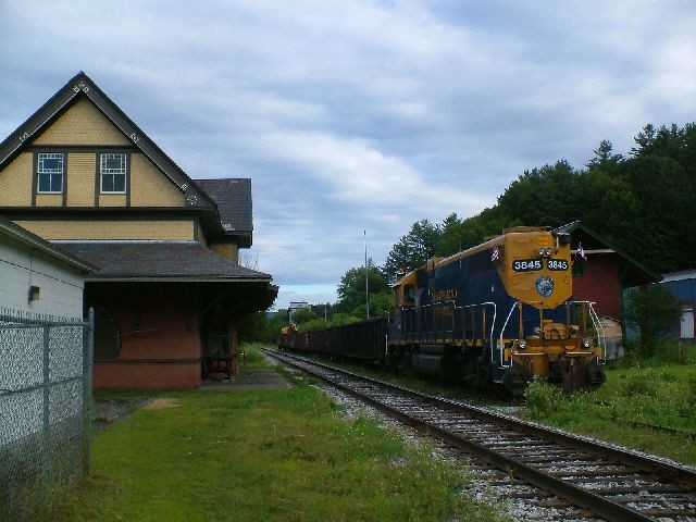 Photo of New England Central worktrain rests on a siding in S Royalton,Vt