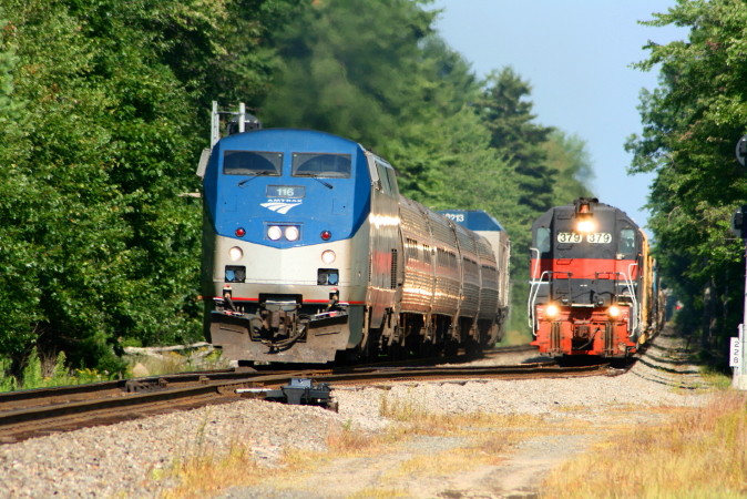 Photo of Amtrak Downeaster flys past SEPO at Wells, ME
