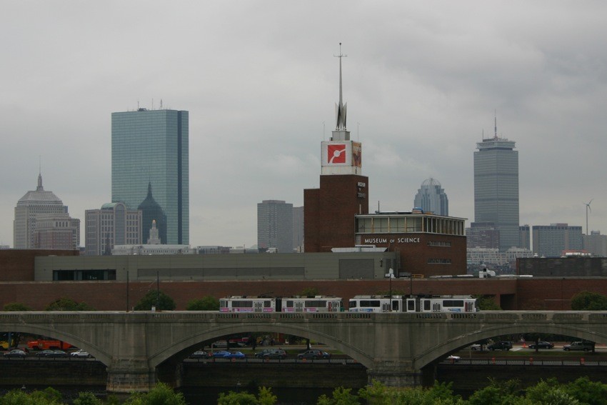 Photo of MBTA Green line train crossing the Lechmere viaduct