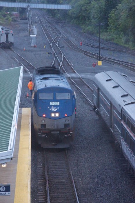 Photo of Amtrak P38 backing up to collect the baggage car for the WB Lake Shore Ltd.