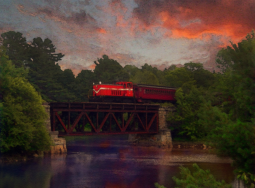 Photo of BML#53 crossing City Point Trestle (digital watercolor)