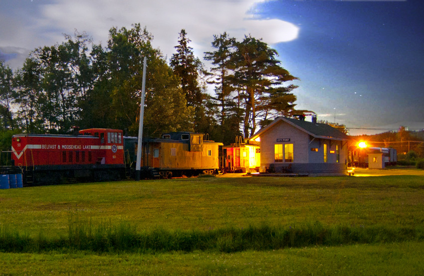 Photo of BML#53 at the CPC Railroad Museum by moonlight
