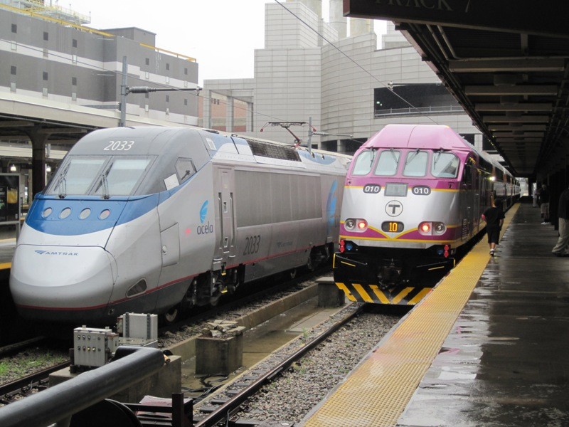 Photo of MBTA MP-36 and Acela at South Station during Amtrak 40th Anniversary