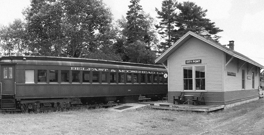 Photo of BML#3248, a 1926 former DL&WRR chair car at City Point station, Belfast, ME