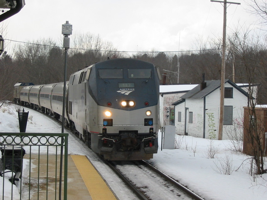 Photo of Amtrak Downeaster arriving at the Dover Transportation Center in Dover, NH.