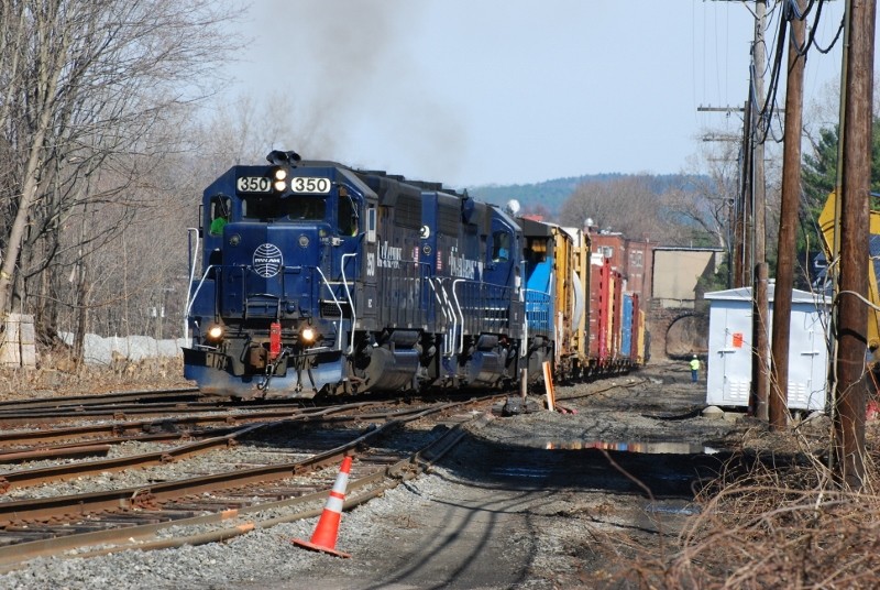 Photo of BFED passing CPF 385 in Greenfield, Mass