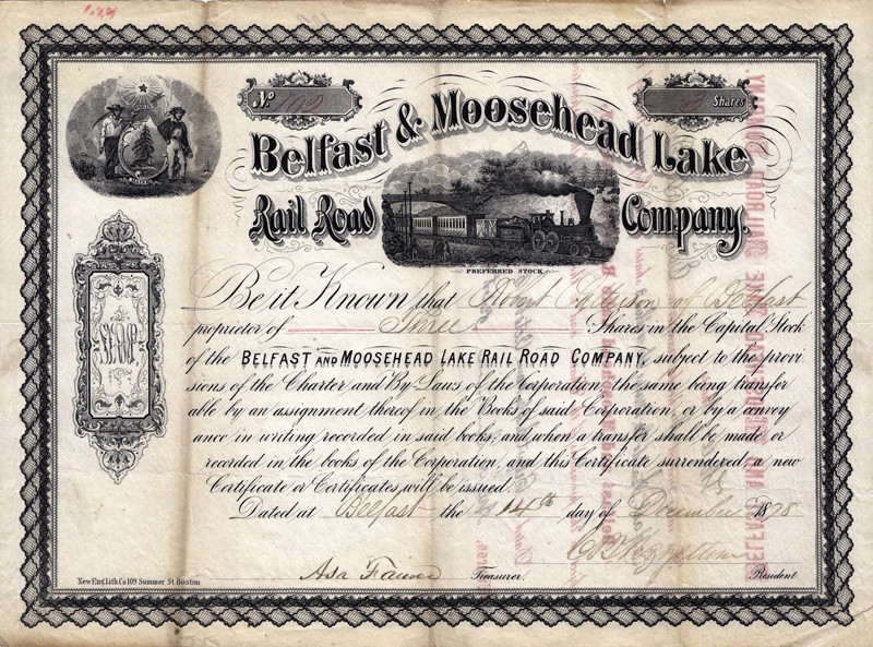 Photo of 1878 B&ML Stock Certificate